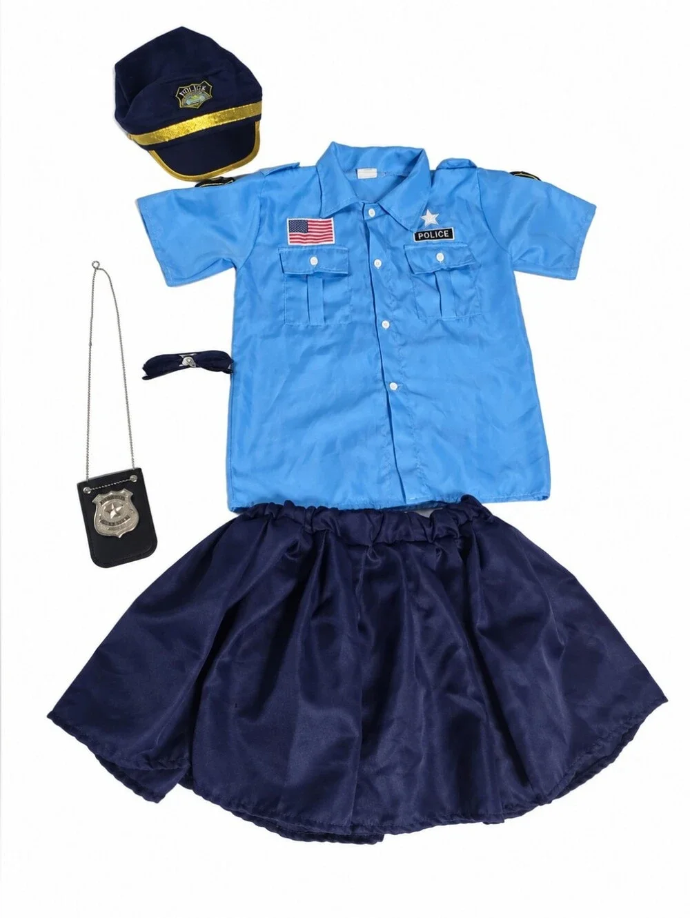 Kids XL Police Officer Halloween Costume Shirt Skirt Hat Badge Set